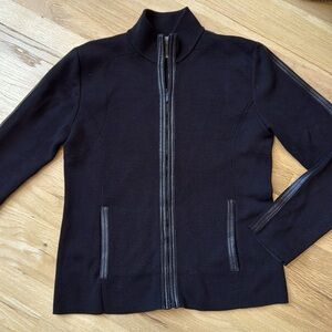 Sigurd Olsen Size M silk cotton leather black sweater zippered cardigan jacket